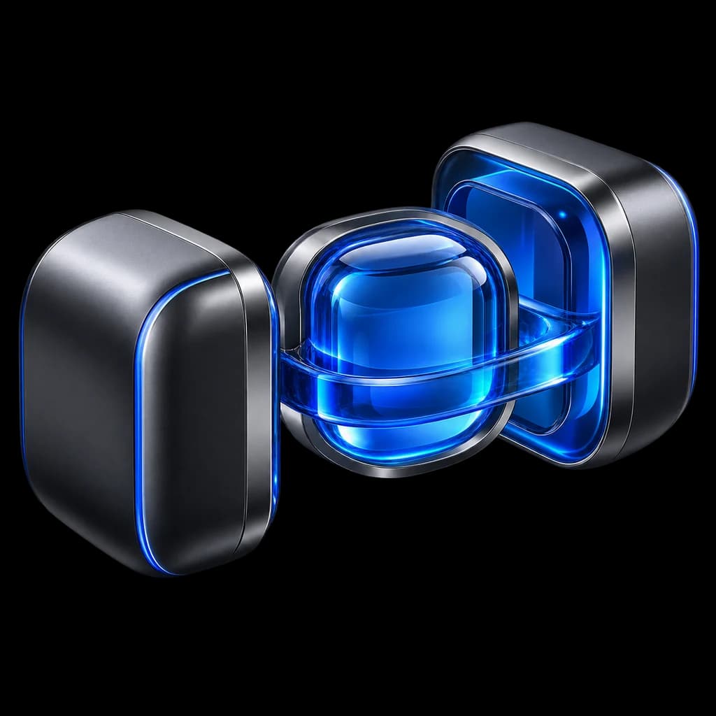 Concept illustration of two graphite components connected around a blue Context capsule