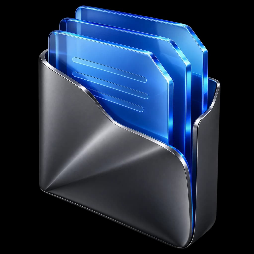 Concept illustration of a sculptural graphite document folio with blue glass sheets